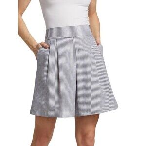 Lafayette 148 Leroy Linen-Blend Navy Pinstripe Shorts Pleated Front 2 Pocket ***
